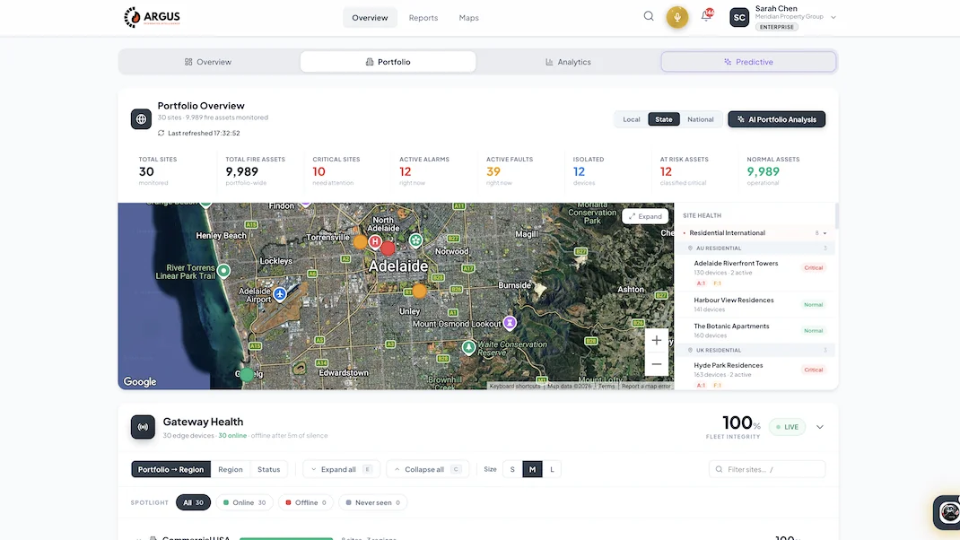 ARGUS portfolio dashboard with site map and health list