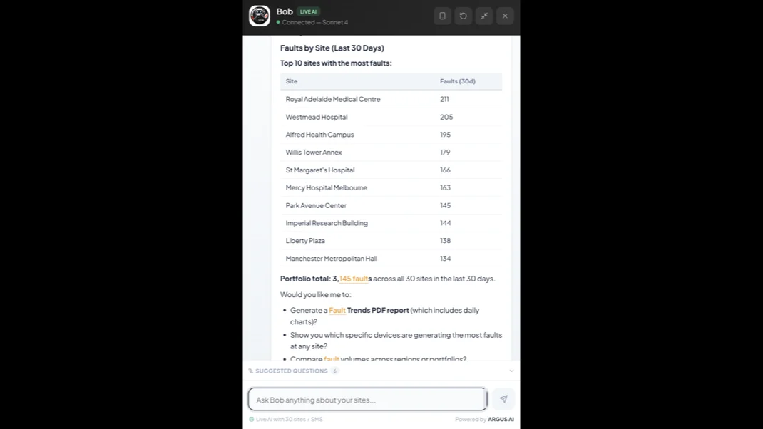 Bob, the ARGUS assistant, chat interface listing at-risk sites